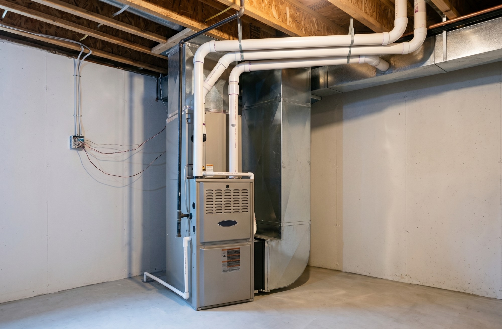High-efficiency residential furnace with PVC intake and exhaust venting, supply plenum, and ductwork in a Minnesota basement utility room